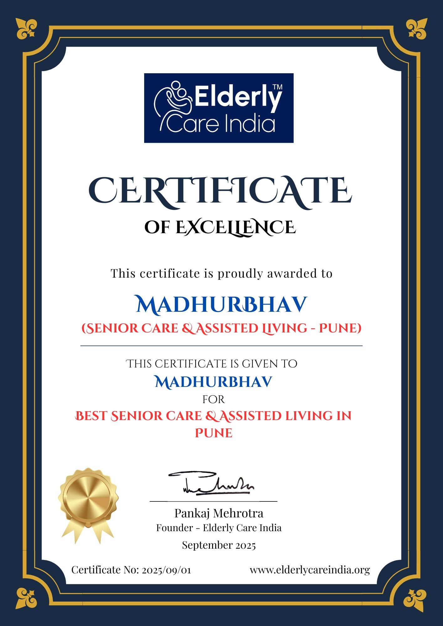 Certificate of Excellence awarded to MadhurBhav