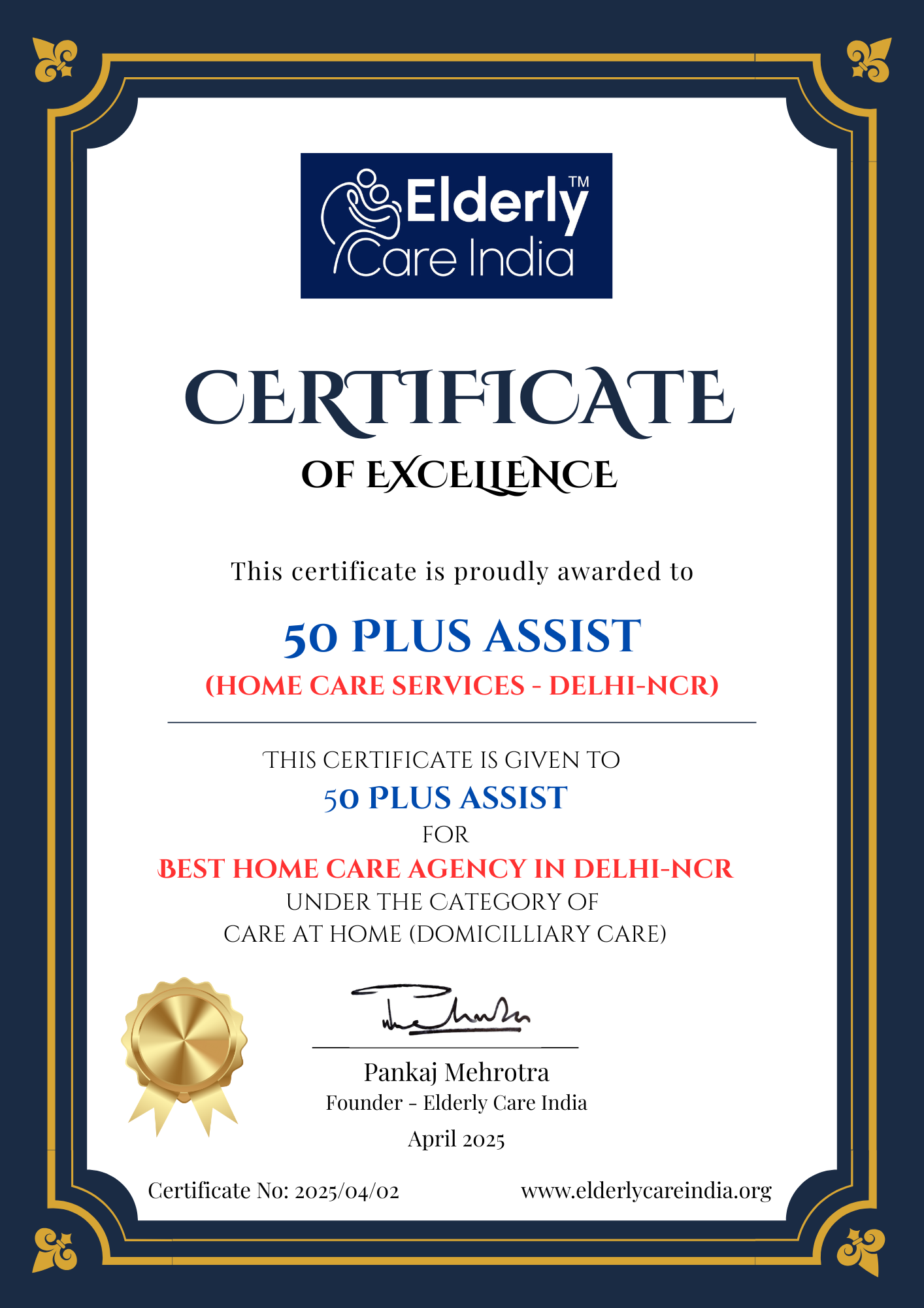 Certificate of Excellence awarded to 50 Plus Assist